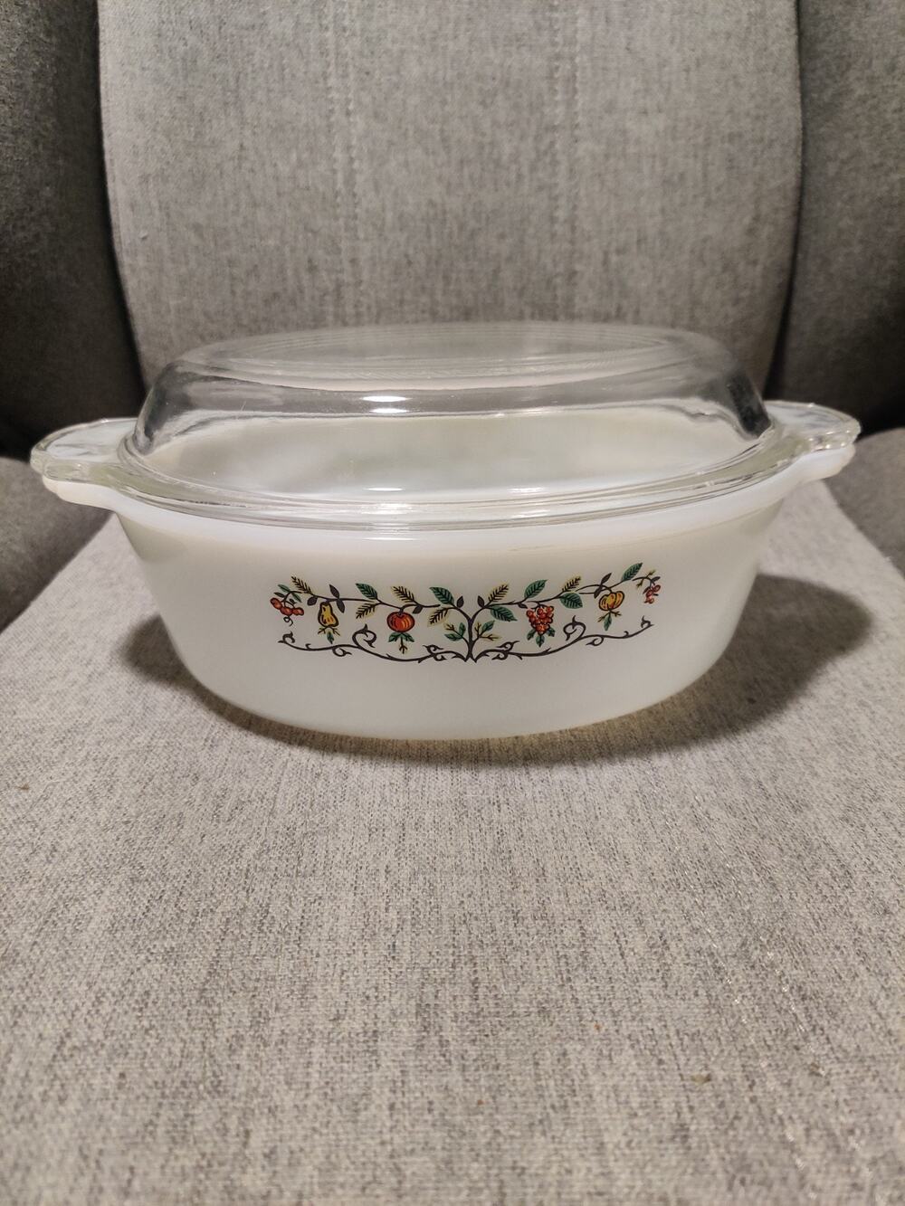 Vintage FireKing Casserole Dish Fruit Tree Milk Glass 1.5 QT With Lid